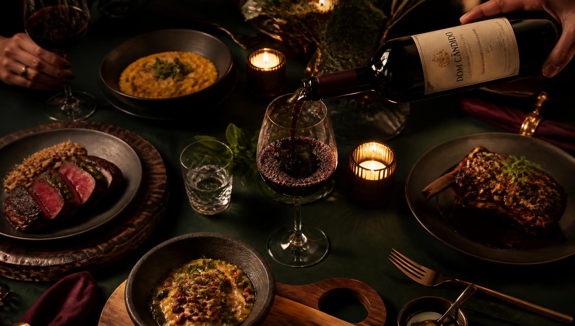 Mesa posta com pratos autorais e vinho sendo servido